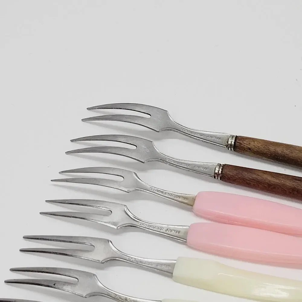7 Vintage Mini Cocktail Appetizer Forks Stainless Wood Plastic 4